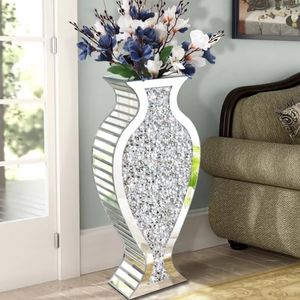 Allartonly Tall Floor Vase S Crushed Diamond Mirrored Vase 27” Tall, Crystal Silver Glass Decorative Mirror Large Vase Luxury for Home Decor Flower Arrangement Can’t Hold Water.