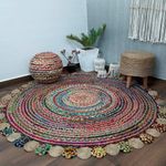 K.G.N. Handmade Round Shape Braided,Jute & Cotton,Chindi Ruge Round Carpet for Bedroom Living Room Dining Room and Home Decor (Multiclour, 3 x 3) feet