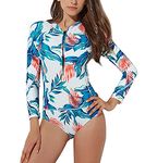 FEOYA Women's One Piece Swimsuits Zip Up Floral Printed Long Sleeve Rash Guard UV Sun Protection Surfing Swimwear