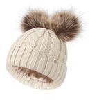 Creekstone Kids Beanie Satin Lined Winter Beanie Hat for Baby Boy Girl Warm Todders Beanie with Double Pom Pom Ears 1-7 Years (CA/US, Alpha, One Size, Beige)