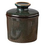 Pottery Butter Dish with Lid for Countertop, Rustic French Butter Crock with Water Line, Ceramic Butter Keeper Keeps Butter Soft & Spreadable at Room Temperature, 6.5 oz, Greenish Brown