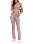 Famulily Yoga Outfits for Women Short Sleeve Crop Top Low Rise Fold Over Flare Pants Workout Sets Pink M