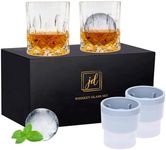 Whiskey Rocks Glass Set In Gift Box - Includes 2 Crystal Bourbon Glasses and 2 Big Ice Ball Molds - 10 Oz Old Fashioned Glasses for Scotch, Cocktails, Rum, Cognac, Vodka - Unique Gift for Men