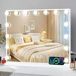 COOLJEEN Vanity Mirror with Lights, Hollywood Mirror with 15 Dimmable LED Bulbs and USB Charging Port, Lighted Vanity Mirror 3 Color Lighting Tabletop Makeup Mirror, Touch Control