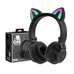 YUSONIC Wireless Headphones for Kids Cat Ear LED Light Up Bluetooth Foldable Headphones for Girls Toddlers Kids Headphones for Amazon Fire Tablet/Laptop/iPad/School (black)