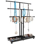 Modern Black Metal 3 Tier Tabletop Bracelet & Necklace Jewelry Organizer Display Tree Rack w/ Ring Tray