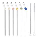 6 Pcs Reusable Glass Straws with 2 Cleaning Brushes, Cute Colorful Flower Glass Straws Shatter Resistant, Reusable Straws Dishwasher Safe for Juices, Smoothies, Milkshakes, Teas