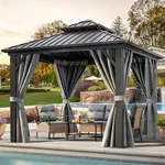 YITAHOME 10x10ft Gazebo Hardtop with Nettings and Curtains, Heavy Duty Double Roof Galvanized Steel Outdoor Combined of Vertical Stripes Roof for Patio, Backyard, Deck, Lawns, Gray