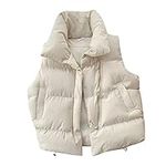 Womens Cropped Puffer Gilet Zip Up High Neck Padded Gilet Winter Thermal Vest Quilted Gilet Outerwear Short Sleeveless Puffer Jacket Coat Body Warmer Jacket (White, M)