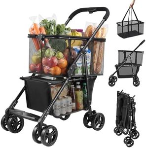 Folding Shopping Cart Portable Grocery Carts with 360° Wheels & Removable Basket Multifunctional Personal Collapsible Shopping Trolley 2 Tier for Groceries Black