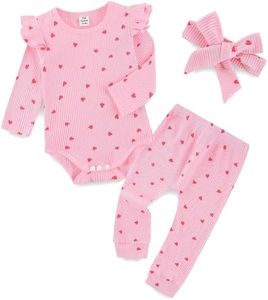 Newborn Infant Baby Girl Fall Winter Clothes Long Sleeve Onesie Clothing Pant Set Outfits Gifts 0-3 months Pink With Heart