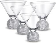 THE WHITE SHOP Set of 4 Stemless Martini Glasses Diamond Studded Cocktail Glass Margarita Glass with Rhinestone Ball Base Cool Shot Glasses Crystal Diamond Cup for Party Mixed Drinks (Silver)/4pcs