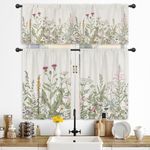 Riyidecor Wildflower Kitchen Curtains and Valances 3 Piece Set Rod Pocket 36 Inch Short Rustic Floral Green Leaves Farmhouse Plant Herbs Country Botanical Nature Bedroom Living Room Treatment Fabric