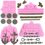 Mujiang Captain Ship Anchor Rope Hook Silicone Molds Treasure Coin Anchor Chain Fondant Mold for Marine Themed Cake Decorating Candy Chocolate Gum Paste Set of 4