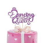 Dancing Queen Cake Topper, Birthday Queen Cake Topper, Disco Themed Birthday Cake Decor for Women, Tiara Crown Sign Girl 17th Birthday Party Decoration Supplies - Purple Glitter