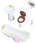 SUCCUNA Dollhouse Accessories Bathroom Set 1：12 Dollhouse Furniture Miniatures Toys Mini Ceramic Toilet Washbasin Mirror Bathtub with 3 Towels for Dollhouse Restroom Decoration