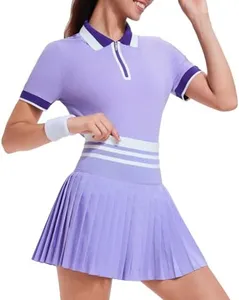Tennis Skirt Sets for Women Zipper Color Block High Waisted Golf Polo Two Piece Skirt Set Women 2 Piece Outfits Violet