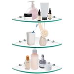 Kingrol 3 Pack Glass Bathroom Shower Shelves, Extra Thick Wall Mounted Shelves, Clear Floating Corner Shelves for Kitchen, Bathroom, Living Room, Office