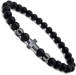 Soul Statement Unisex Stretch Stone Beaded Hematite Cross Bracelets 6mm Bead Adjustable Size for Men and Teens (6mm Black Gray)