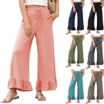 FQZWONG Wide Leg Pants Woman, 2025 Summer Elastic High Waisted Sweatpants Baggy Drawstring Travel Beach Pant Dressy Casual Ruffle Hem Tummy Control Trousers Flowy Joggers with Pockets (Pink,M)