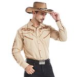 EL PIONERO Men's Western Cowboy Shirt Embroidered Shirt Long Sleeve Casual Snap Button Shirt, Khaki, Large