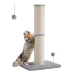 Feandrea Cat Scratching Post, 33.5-Inch Tall Cat Scratcher for Medium and Large Cats, Sisal Scratch Pole, Spring Pompom with Built-in Bell, Dove Gray UPCA041G01