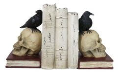 Ebros Edgar Allan Poe Harbinger of Doom and Bad Omens Raven Crow Perching On Skull with Ancient Book Pair of Bookends Statue 7.5" Tall Bibliography Gothic Macabre Ossuary Figurine As Halloween Decor