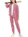 MessBebe Girls Velour Tracksuit Zip Hoodie and Jogger Pants Set Kids 2 Pieces Sweatsuit Activewear Sets Pink 150