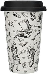 Mug De Voyage En Céramique Victoria & Albert, Motif "Alice Au Pays Des Merveilles", Porcelaine Fine, 19,5 X 15,5 cm, Noir Et Blanc