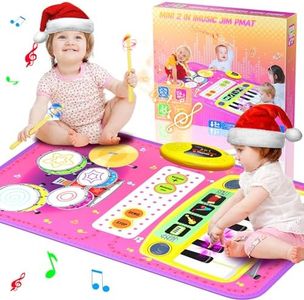 2-in-1 Musical Mat Toys for 1 2 3 4 5 Year Old, Piano Keyboard & Drum Set with 2 Drum Sticks, Early Educational Musical Learning Toys Birthday for 1 2 3 4 5 Year Old Girls & Boys, Pink