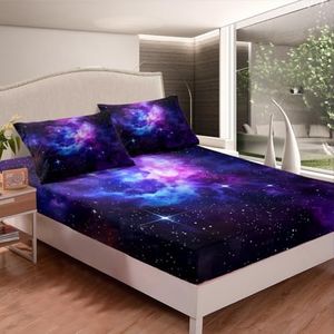 Purple Galaxy Bedding Set Queen Kids Teens Girls Boys Starry Sky Fitted Sheet Space Universe Star Design Bed Sheet Set,Soft Breathable Bed Decorative 3 Pcs Chic Galaxy Bed Cover with 2 Pillowcase