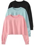 Cosy Pyro 3-Pack Womens Long Sleeve Crop Tops Athletic Casual Cropped Cotton Workout Sweatshirt with Thumb Hole Black/Azure/Pink M