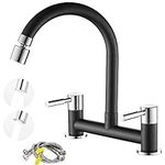 Maynosi Kitchen Sink Mixer Tap, Kitchen Bridge Mixer Tap, 2 Hole (180 mm Centers) Deck Mounted Faucet, Twin Levers Faucet with 2 Function Aerator, 1/4 Turn, 360° Swivel Spout, Brass, Matte Black