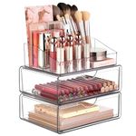 Vtopmart 3 Tier Clear Makeup Organizer with Drawer, Cosmetic Storage for Dresser Countertop and Bathroom Vanity, Beauty Holder for Lipstick Brush Skincare
