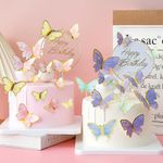 42 Pcs Butterfly Cake Topper, 40Pcs 3D Butterfly Cake Decorations & 2Pcs Happy Birthday Cake Topper for Girls Women's Birthday Wedding Cake Ornaments Party Decoration (B: Multi-Colored)