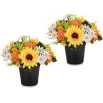 Memobloom Artificial Grave Flower Pots: 2 Pcs Graves Autumn Flowers Artificial Cemetery Sunflower for Outdoor Decoration - Yellow Orange Fake Funeral Memorial Bouquet in Pot for Fall Graveside