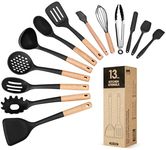 Kitchen Utensils Set, 13PCS Silicone Cooking Utensils, Heat Resistant Kitchen Utensil Spatula Set for Nonstick Cookware, Wooden Handles Kitchen Gadgets Tools Set