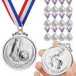 GeeRic 12Pcs Silver Soccer Medal with Neck Ribbons, Soccer Game Medals Prizes Star Gold Prizes for Sports, Competitions, Party, Olympic Style,Soccer