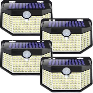 HMCITY 120 LED Outdoor Solar Lights with Motion Sensor and 3 Lighting Modes, IP65 Waterproof Wide Solar Wall Lights Ideal for Garden Patio Yard（4 Pack）