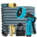 Expandable Garden Hose 50 ft Water Hose with 8Function Spray Nozzle, Lightweight No Kink Flexible Hose with 3/4 Inch Solid Fittings and 3-Layer Latex Core,50ft Retractable Stretch Hose (Blue Black)