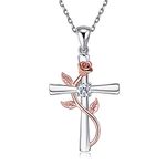 BlingGem Cross Necklace for Women Rose Cross Pendant 925 Sterling Silver Rose Gold-Plated Flower Dainty Religious Cross Necklace Birthday Anniversary Jewelry Gift for Women Wife Mom