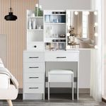 Kids Girls Vanity Table with Lights & Mirror, Makeup Vanity Desk with Sliding Lighted Mirror, Bedroom Vanity Dressing Table Set with 5 Drawers & Cushion Stool, White