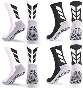 MENDENG Mens Grip Socks Soccer Non Slip Socks for Men Anti Slip Hospital Socks Grippers Non Skid Training Athletic Socks, 4 Pairs/2black 2white, 6-12