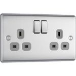 BG Electrical Double Switched Power Plug Wall Socket, Nexus Metal, Brushed Steel, Grey Inserts, 13A, NBS22G
