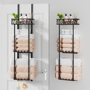 HapiRm Towel Rack Bathroom Storage - 3 Tier Over The Door & Wall Mounted Rolled Towel Racks Holder Organizer with Metal Shelf and 6 Hooks for Small Bathroom, Camper, Rv - Black