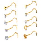 Drperfect 10 Pcs 20G Stainless Steel Screw Nose Studs Rings CZ Labret Silver Gold Nose Stud Piercing Jewelry Set