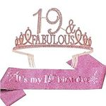 EBE EmmasbyEmma 19th Birthday Sash and Tiara for Women - Fabulous Set: Glitter Sash + Fabulous Rhinestone Pink Premium Metal Tiara, 19th Birthday Gifts for women Party