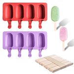 2 Pieces Ice Cream Molds, 50 Wooden Sticks, Silicone Ice Cream Mold Set, Oval Popsicle Molds 4 Cavities, for DIY Ice Cream Making (Red, Purple)