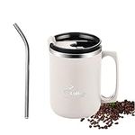 Lcxecnw 15 OZ Coffee Mug with Handle,Double Wall Vacuum Travel Mug,Coffee Mug with Flip lid and Straw,Reusable Stainless Steel Mug,for Home,Office,Travel,Camping,Outdoor(White)