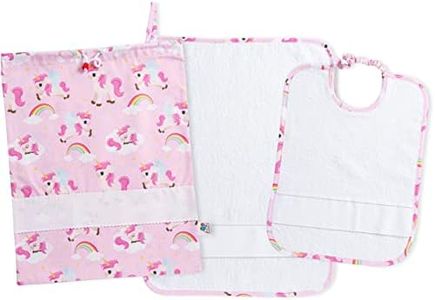Filet - Set Asilo 3 Pezzi | Sacchetto, Bavaglino e Asciugamano in coordinato | Cotone e Spugna di alta qualità |Inserto in tela aida da ricamare | Stampa Unicorni su fondo rosa